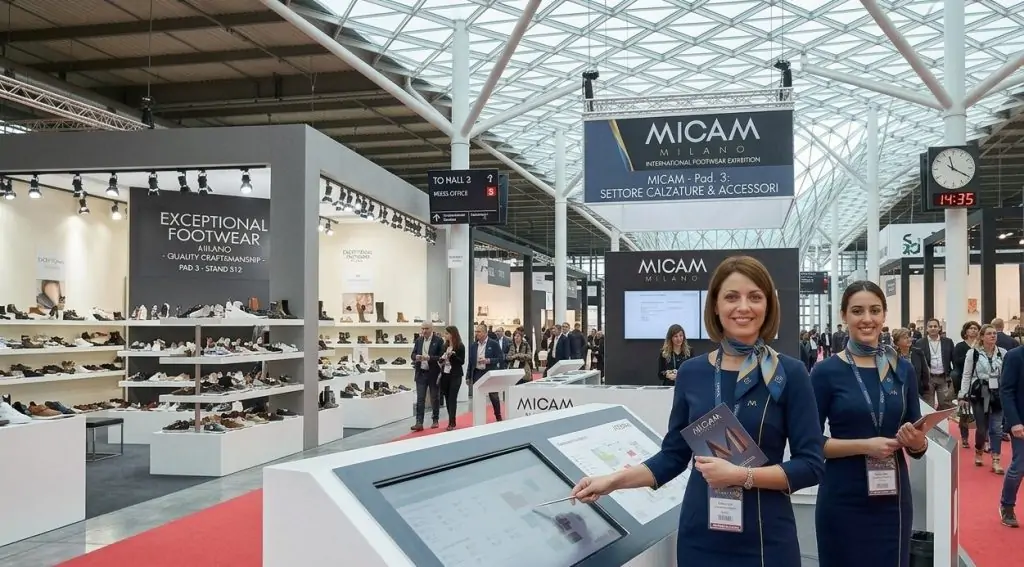 Hostess MICAM Milano 2026 accoglie visitatori presso uno stand dedicato alla calzatura.