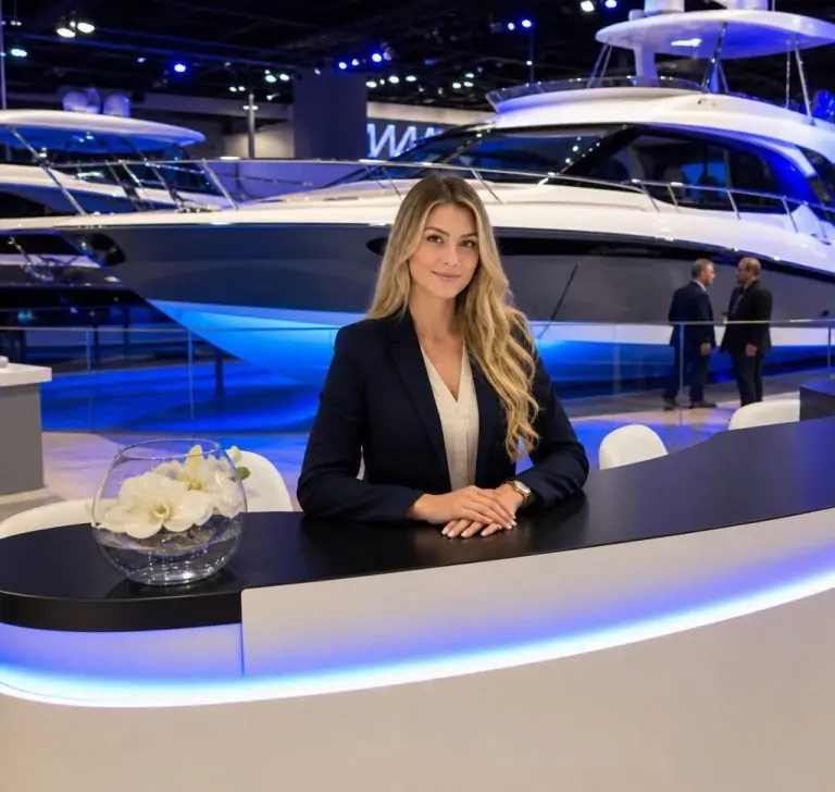Hostess Miami Boat Show 2027 accoglie visitatori presso uno stand dedicato a yacht e tecnologie marine.