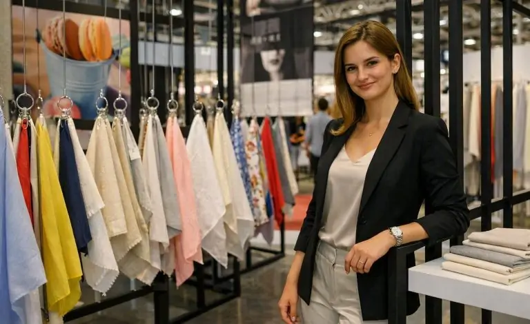 Milano Unica Hostess Agency 2026 welcoming visitors at a textile exhibition stand.