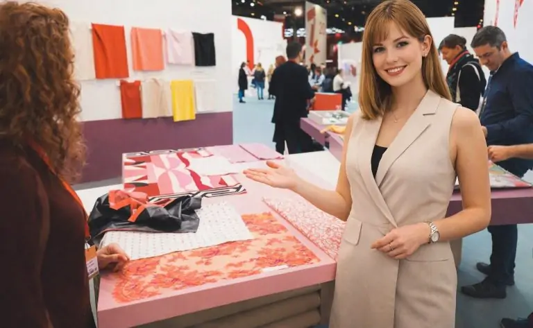Première Vision Paris Hostess Agency 2026 welcoming visitors inside a fashion materials exhibition stand.