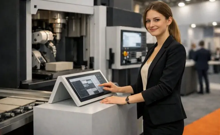 Azafata TECNA Rimini 2026 recibe visitantes en un stand de tecnología cerámica.