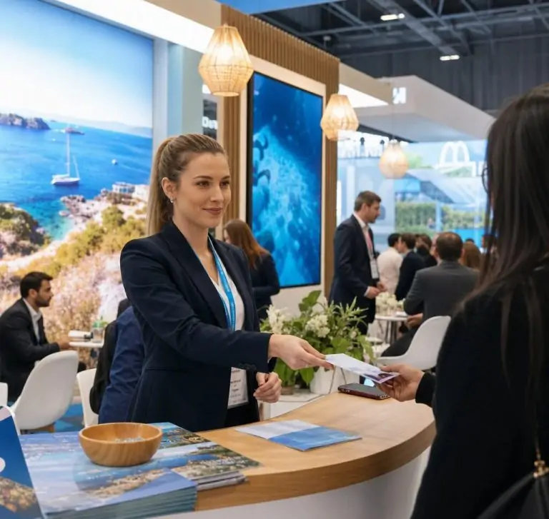 Azafata World Travel Market Londres 2026 recibe visitantes en un stand turístico internacional.