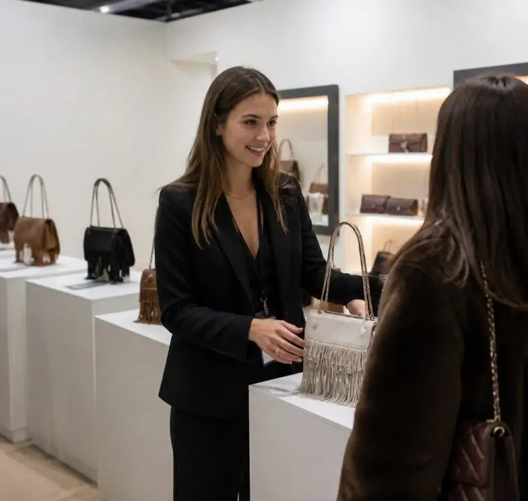 Hostess MIPEL Milano 2026 accoglie visitatori presso uno stand dedicato alla pelletteria.