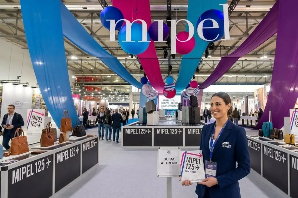 Hostess MIPEL Milano 2026 accoglie visitatori presso uno stand dedicato alla pelletteria.