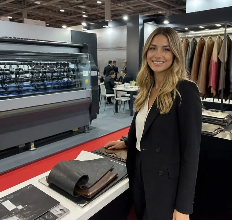Professional hostesses welcoming visitors during SIMAC Tanning Tech Milan 2026.