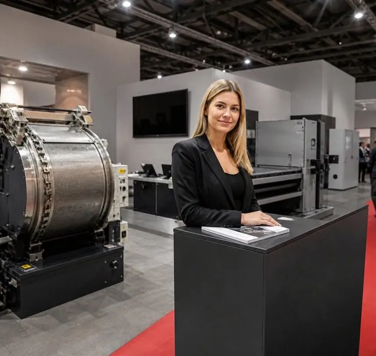 Hostess SIMAC Tanning Tech Milano 2026 accoglie visitatori presso uno stand dedicato a macchinari e tecnologie per la pelle.