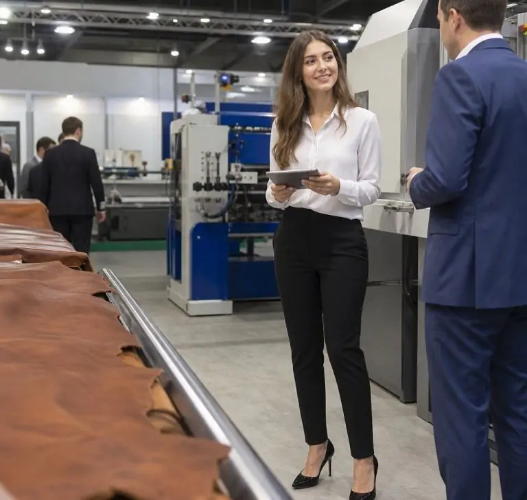 Professional hostesses welcoming visitors during SIMAC Tanning Tech Milan 2026.
