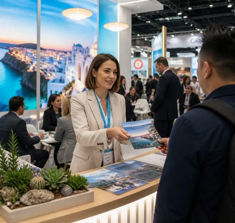 World Travel Market London Hostess welcoming visitors at an international tourism exhibition stand.