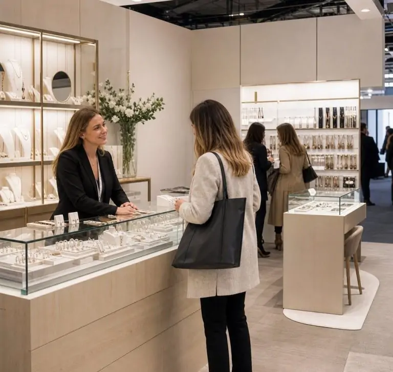 Azafata Milano Fashion and Jewels 2026 recibe visitantes en un stand dedicado a moda y joyería.