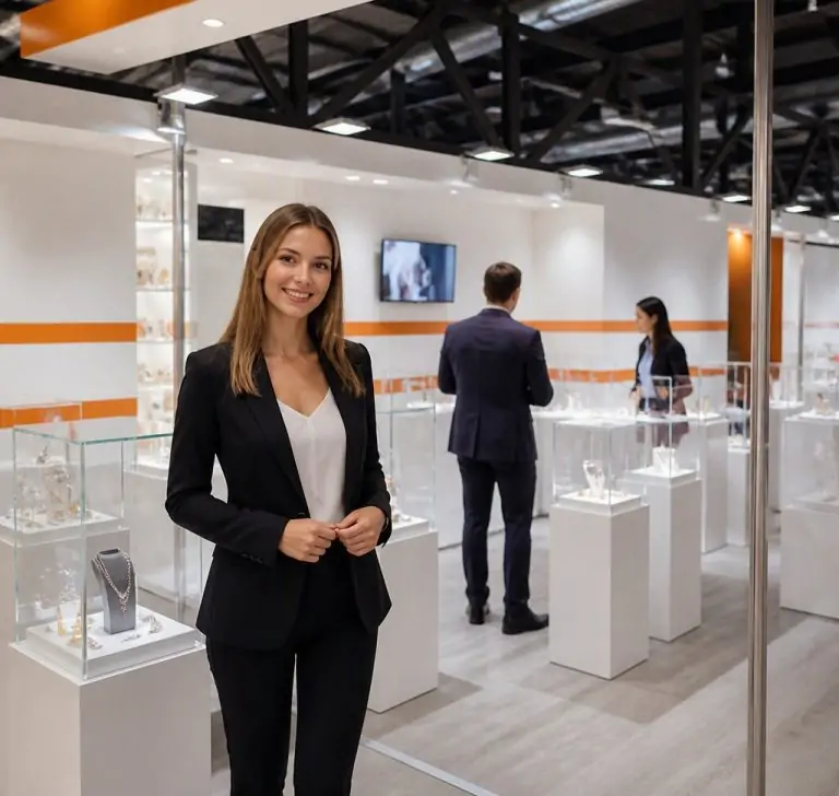 Hostess Milano Fashion&Jewels 2026 accoglie visitatori presso uno stand dedicato a moda e gioielleria.