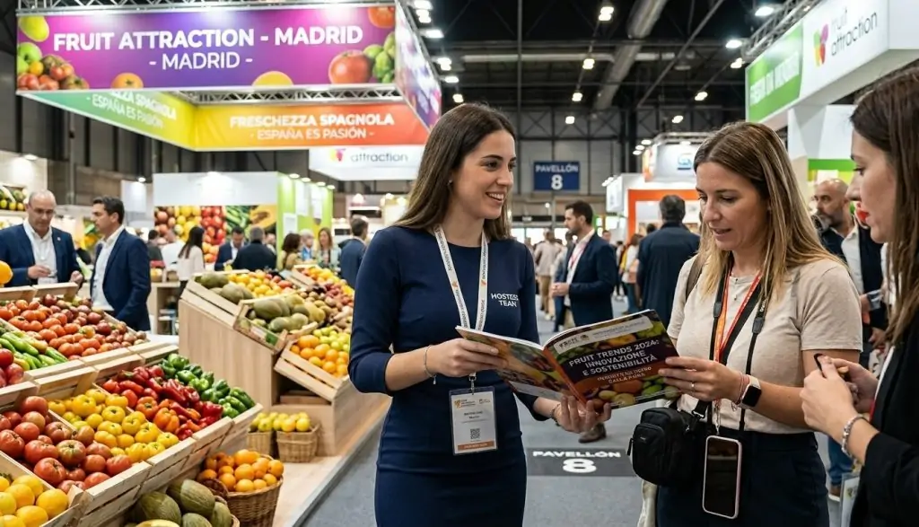 Hostess Fruit Attraction Madrid 2026 accoglie visitatori presso uno stand ortofrutticolo.