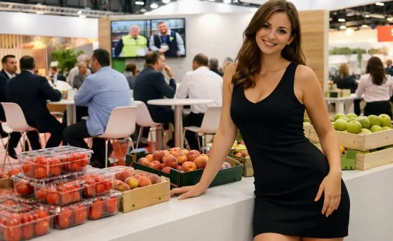 Fruit Attraction Madrid 2026 Hostess Agency welcoming visitors at a fresh produce stand.