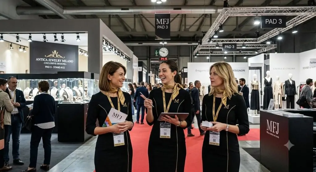Azafatas profesionales atendiendo visitantes durante Milano Fashion and Jewels 2026.