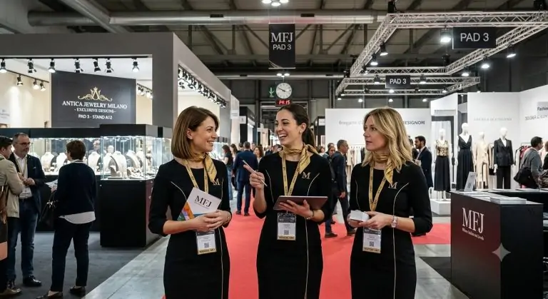 Hostess Milano Fashion&Jewels 2026 accoglie visitatori presso uno stand dedicato a moda e gioielleria.