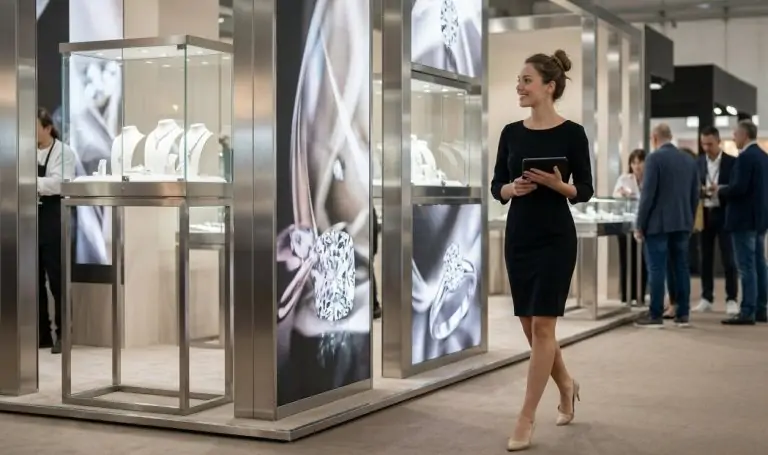 Vicenzaoro Hostess Agency 2026 welcoming visitors at a luxury jewelry exhibition stand.