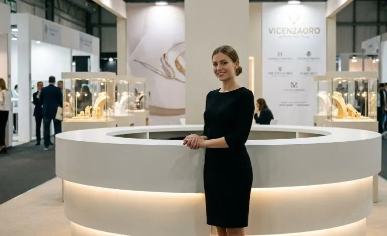 Vicenzaoro Hostess Agency 2026 welcoming visitors at a luxury jewelry exhibition stand.