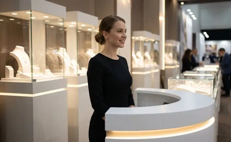 Vicenzaoro Hostess Agency 2026 welcoming visitors at a luxury jewelry exhibition stand.
