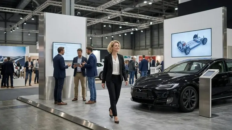Mondial Auto Paris Azafata 2026 dando la bienvenida a los visitantes en un stand de innovación automotriz.