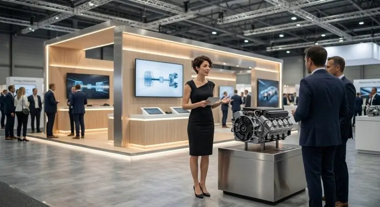 Hostess Mondial de l’Automobile Parigi 2026 accoglie i visitatori in uno stand dedicato alle innovazioni automotive.